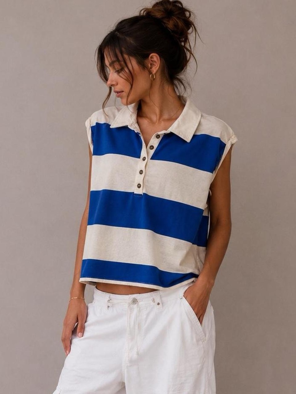 Oversized rugby stripe collared top